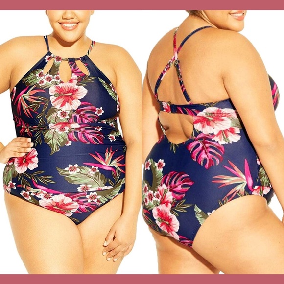 NWT $45 Kona Sol Tropeical Flora Keyhole Strap One‎ Piece Swimsuit [SZ 24W ] - Picture 1 of 12